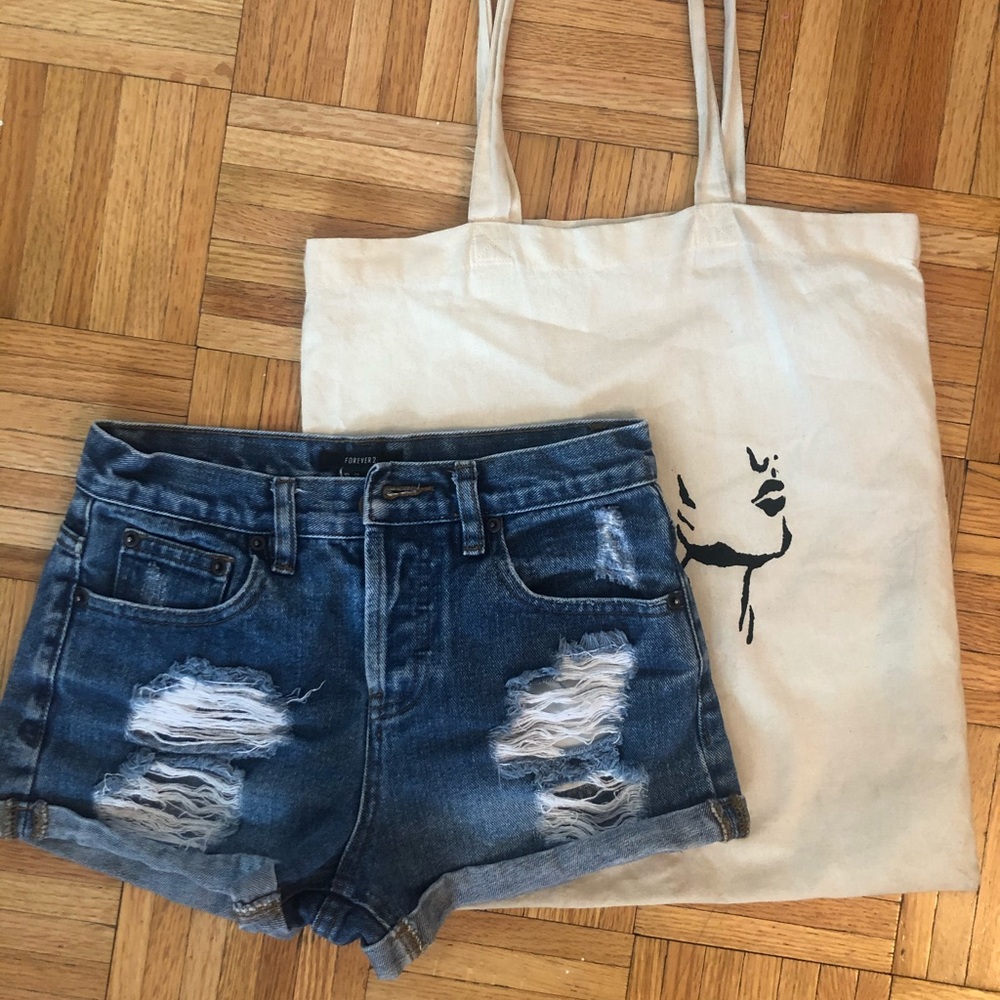 High Waisted Distressed Blue Denim Shorts